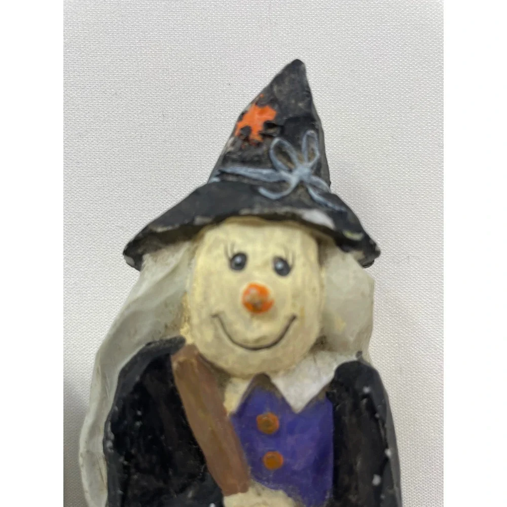 Hermitage pottery Halloween Decor Witch Figurines w/‎ Frog Cat Broom - Set of 2